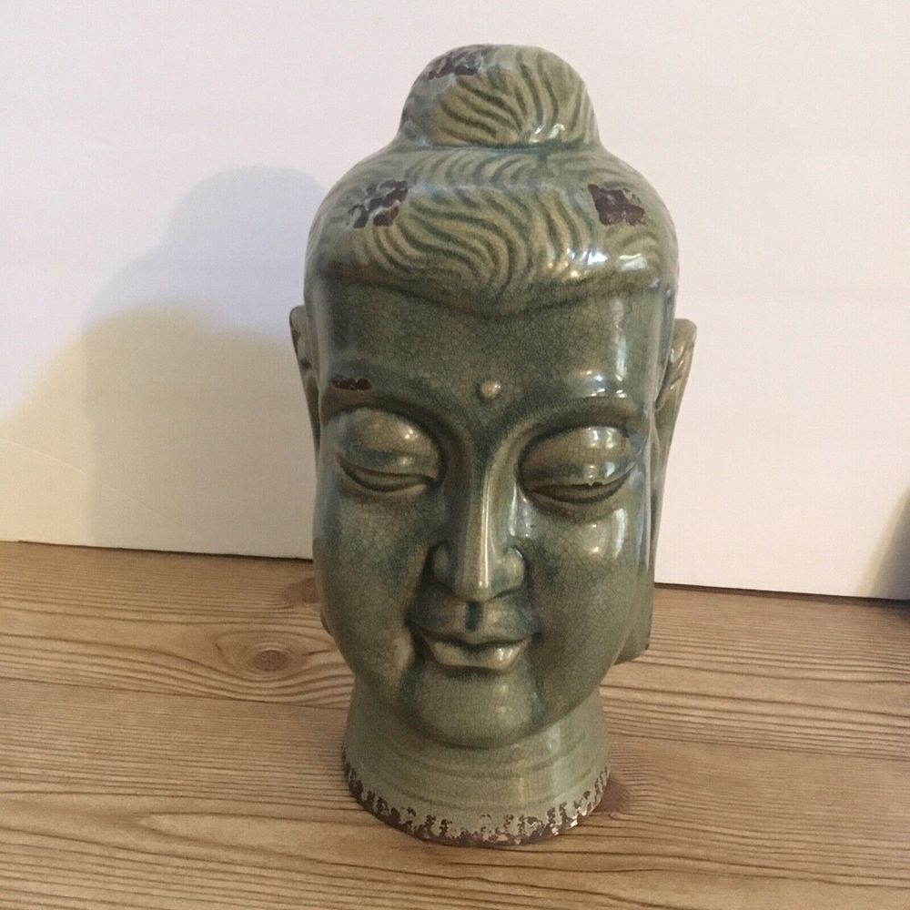 Buddha‎ Head Statue Home Decor Accent Piece Zen Decor Green Ceramic